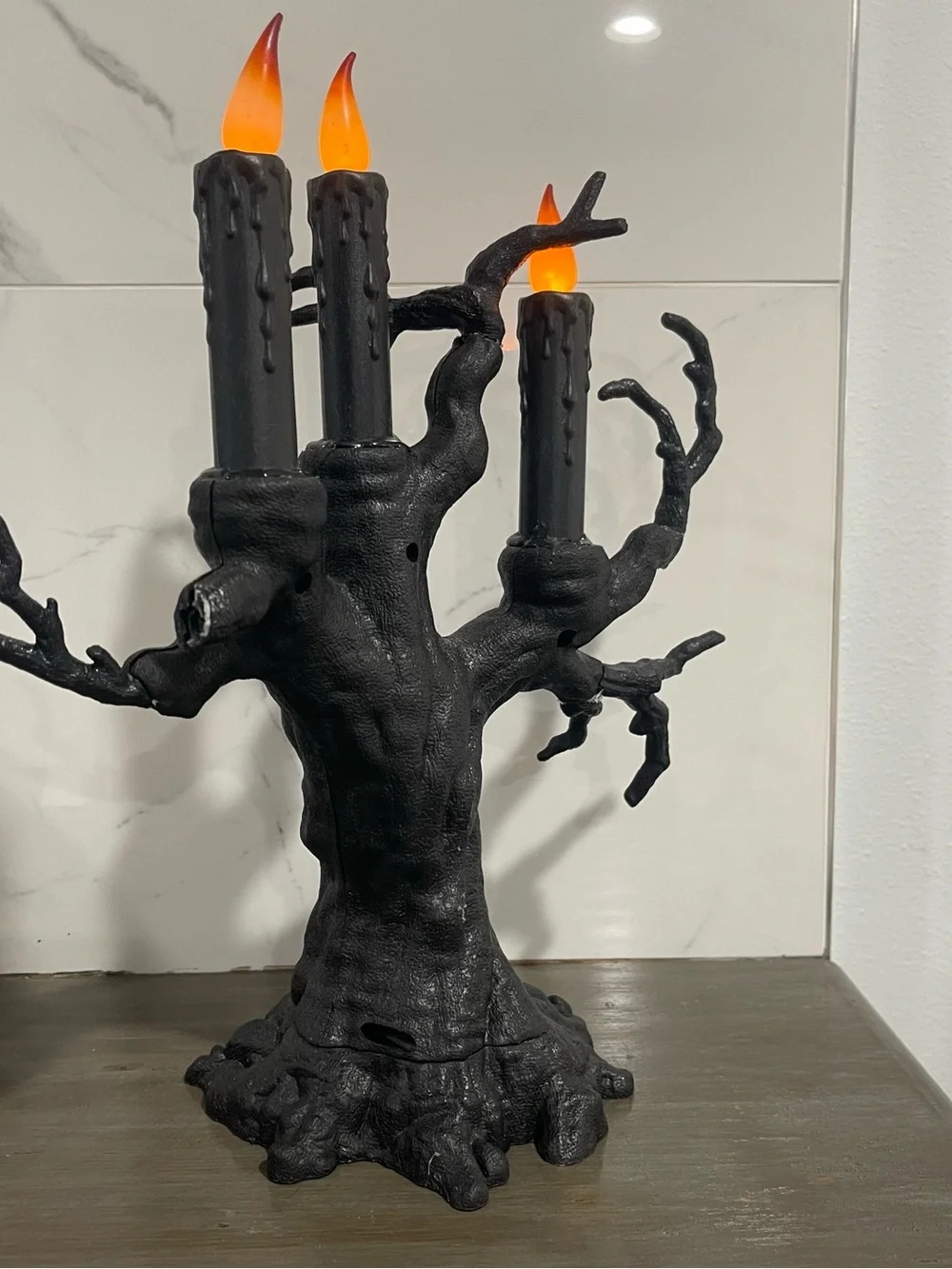 Spooky Black Gnarled Tree Candelabra flickering 3 LED Candles Halloween Decor